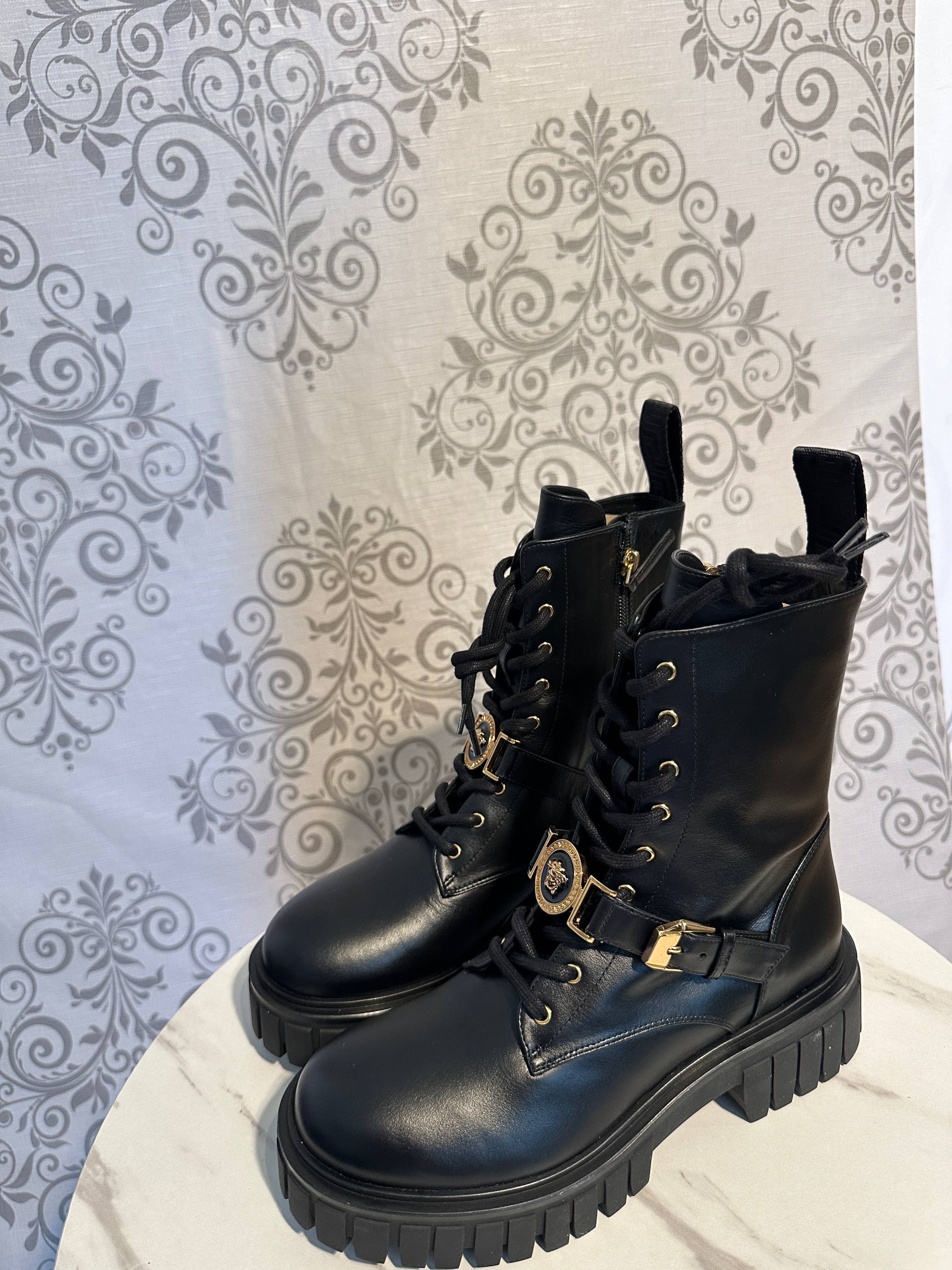 VERSACE Black Leather Combat Boots with Gold Accents – Medusa
