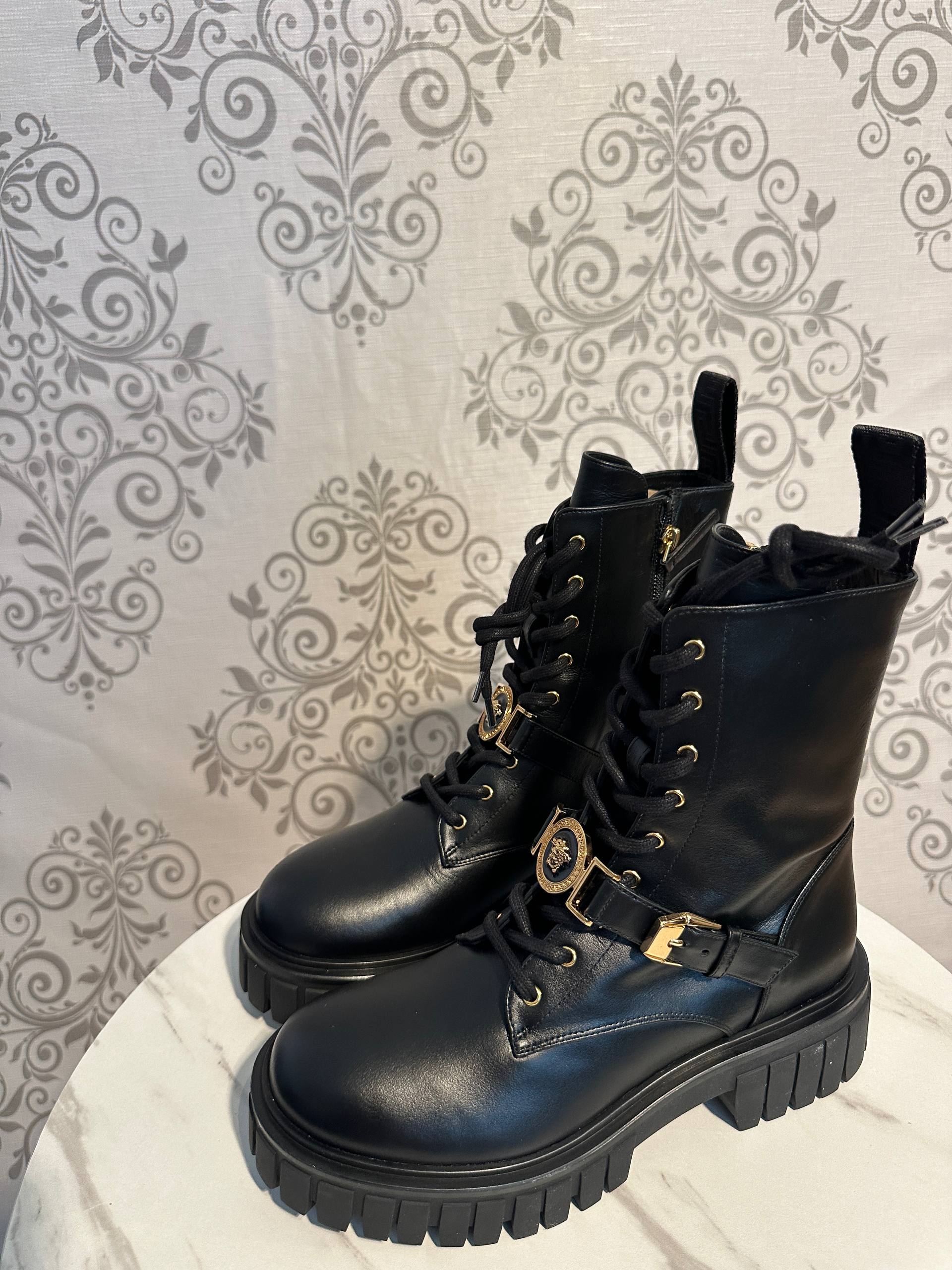 VERSACE Black Leather Combat Boots with Gold Accents – Medusa