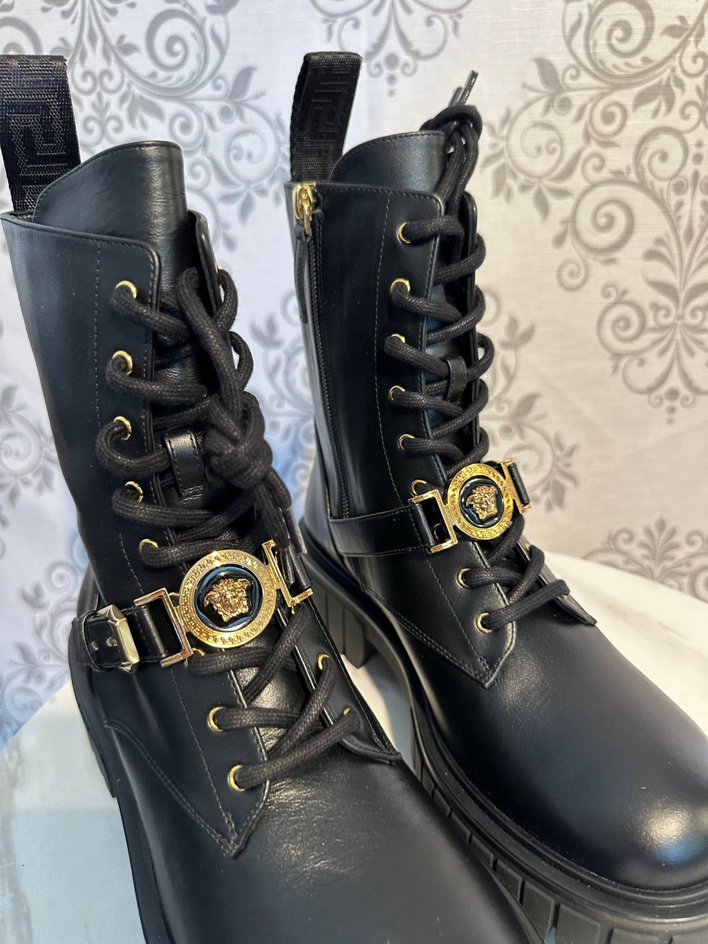VERSACE Black Leather Combat Boots with Gold Accents – Medusa