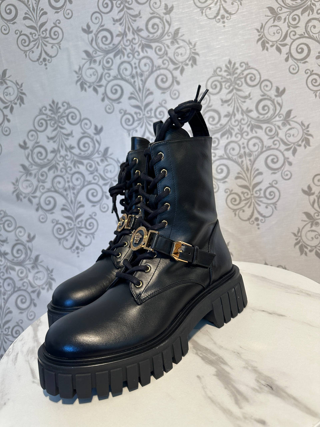 VERSACE Black Leather Combat Boots with Gold Accents – Medusa