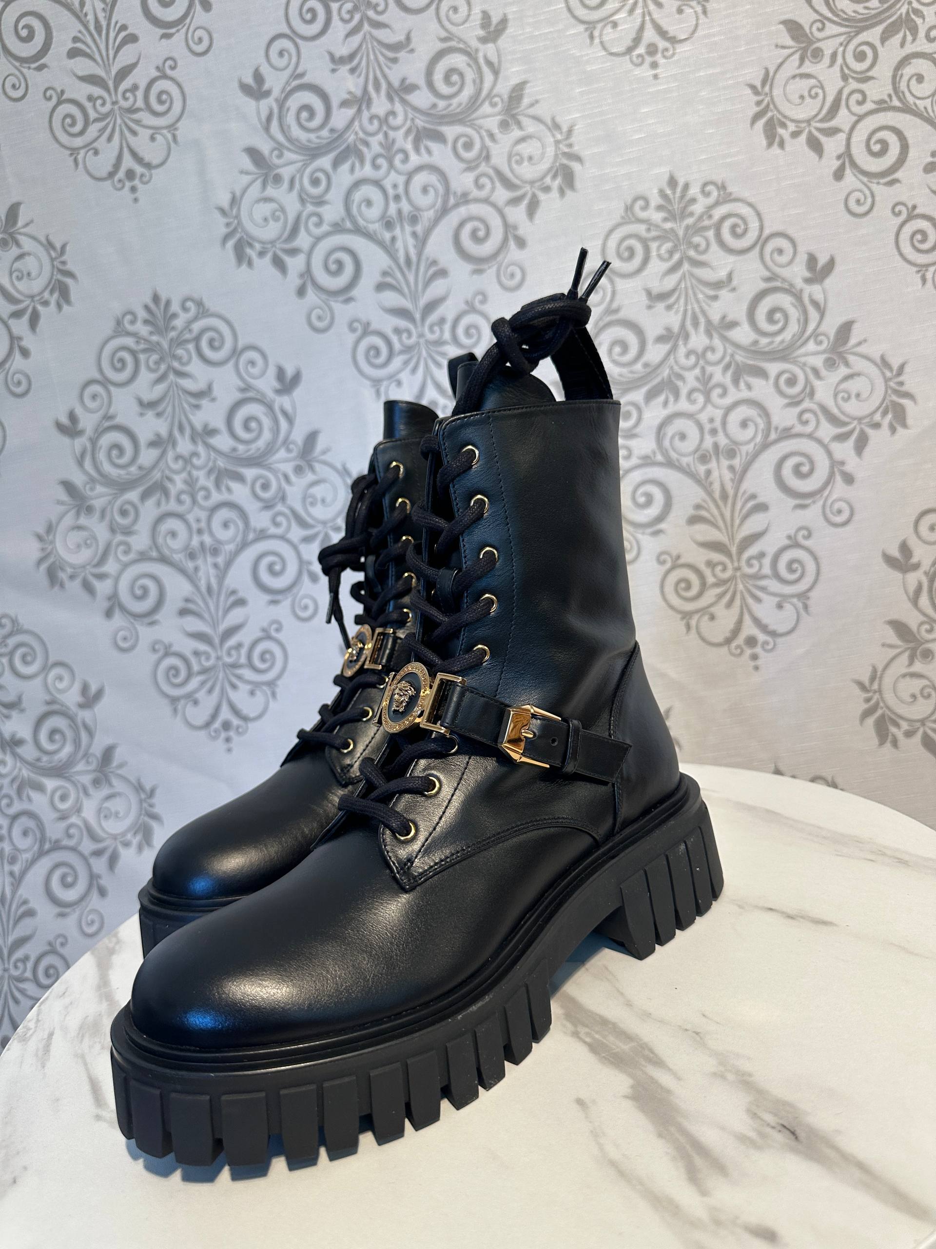 VERSACE Black Leather Combat Boots with Gold Accents – Medusa