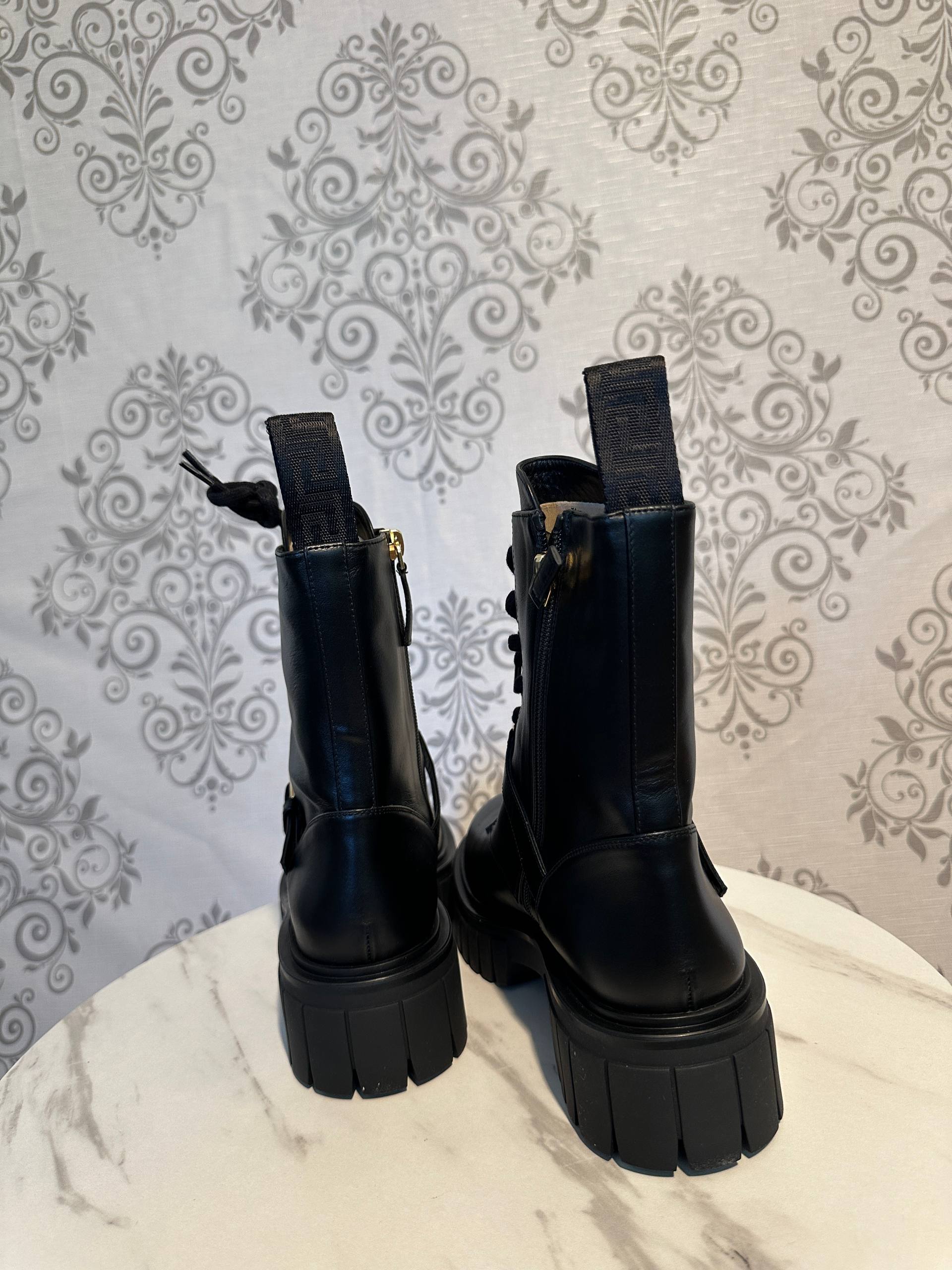VERSACE Black Leather Combat Boots with Gold Accents – Medusa