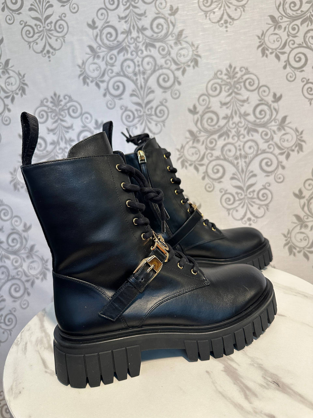 VERSACE Black Leather Combat Boots with Gold Accents – Medusa