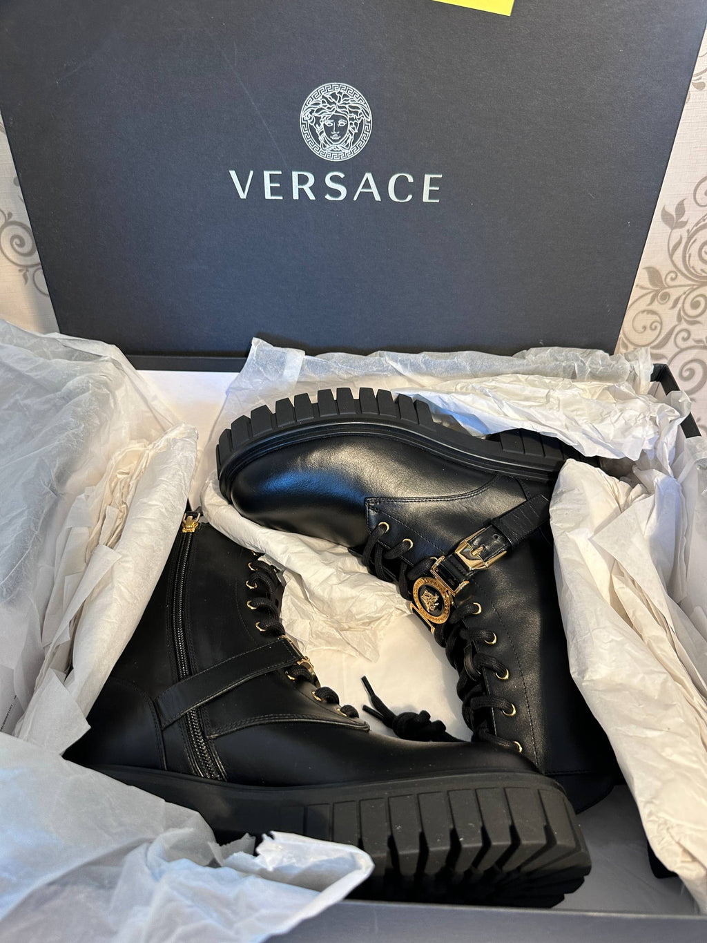 VERSACE Black Leather Combat Boots with Gold Accents – Medusa